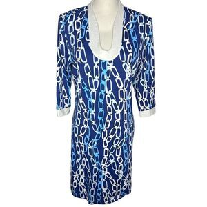 J Mclaughlin Blue White Catalina Cloth 3/4 Sleeve Chain Pattern Sz Large